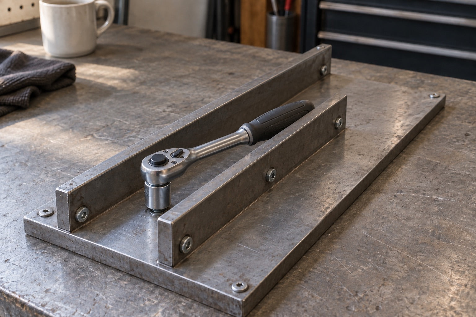 Illustrative workshop fixture showing a ratchet crowded between two steel rails.