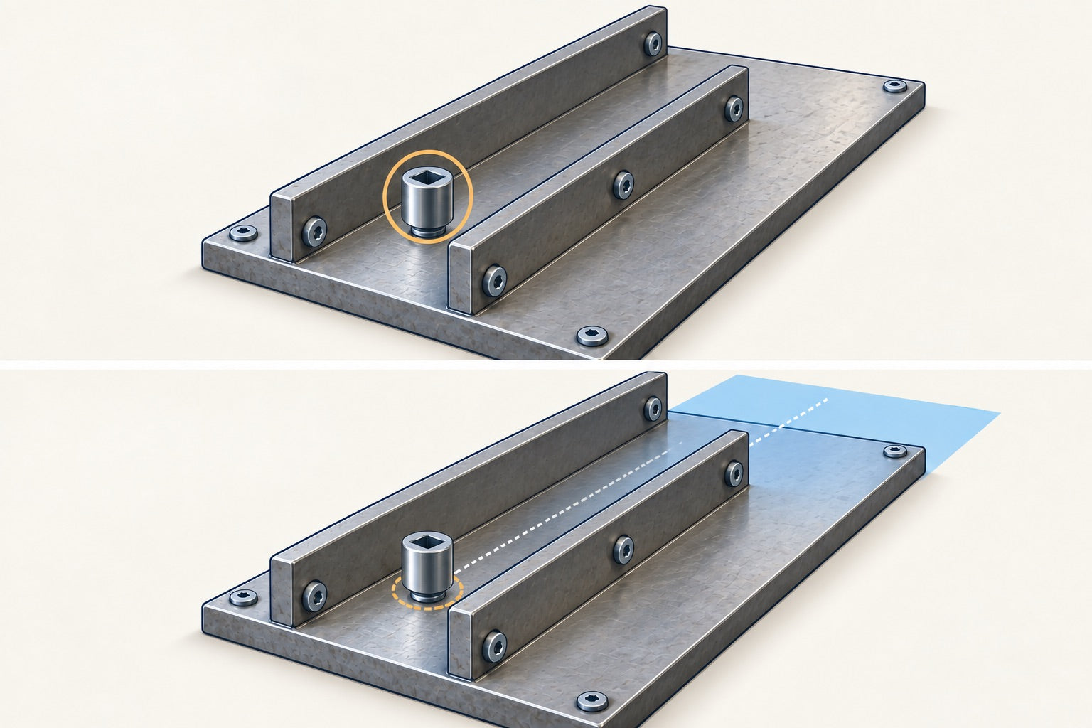 Concept illustration showing the socket position and separate open working space in blue.