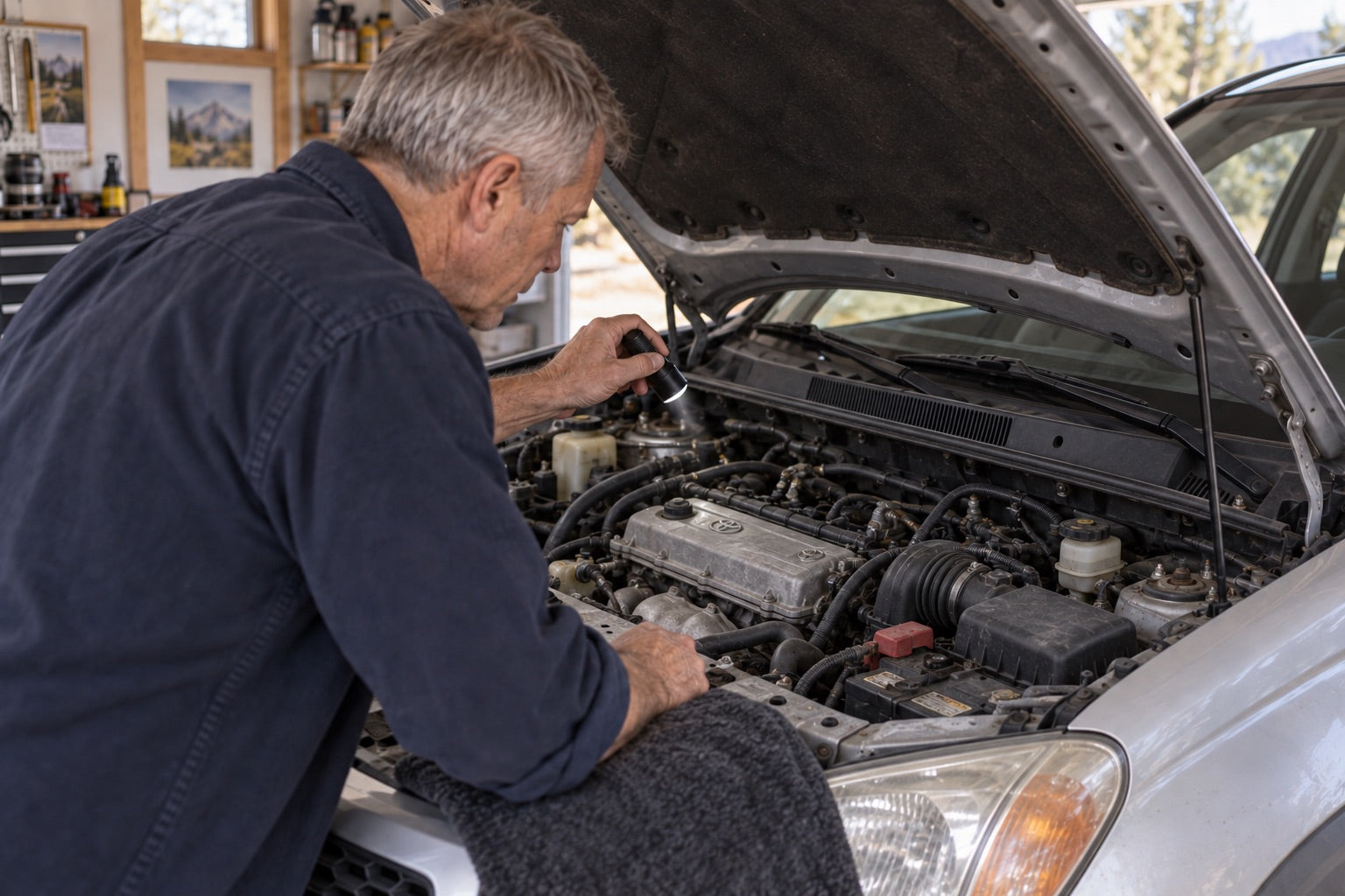 The owner examining the engine bay with an inspection flashlight.
