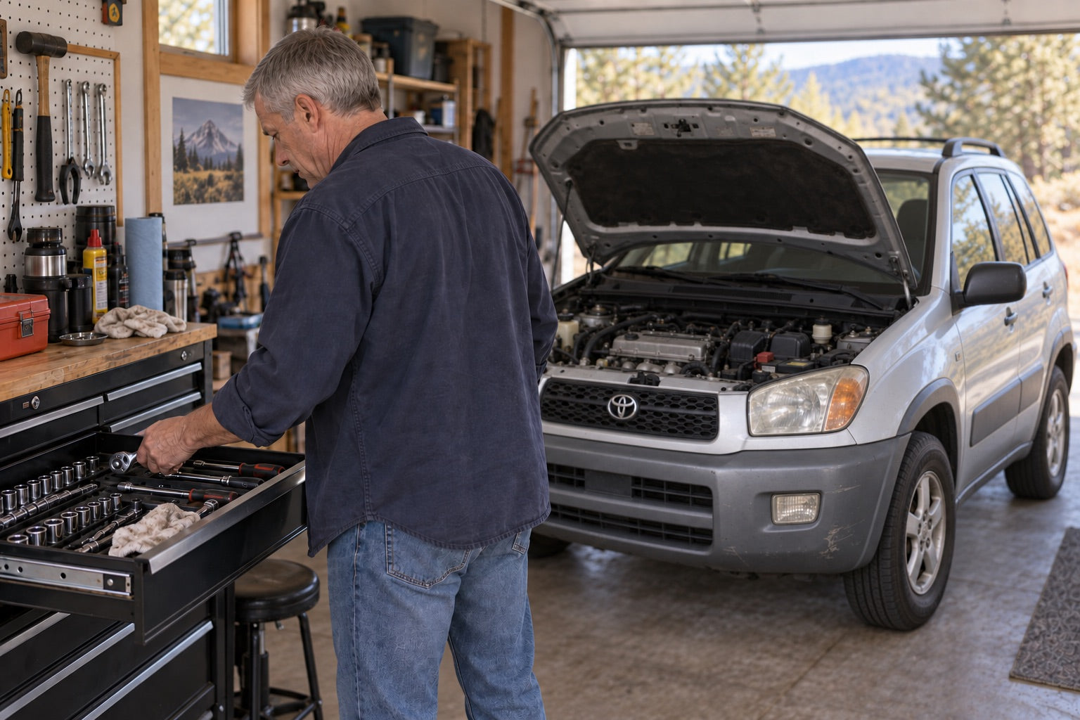 The owner selecting a ratchet from a tool drawer with his Toyota in the garage behind him.