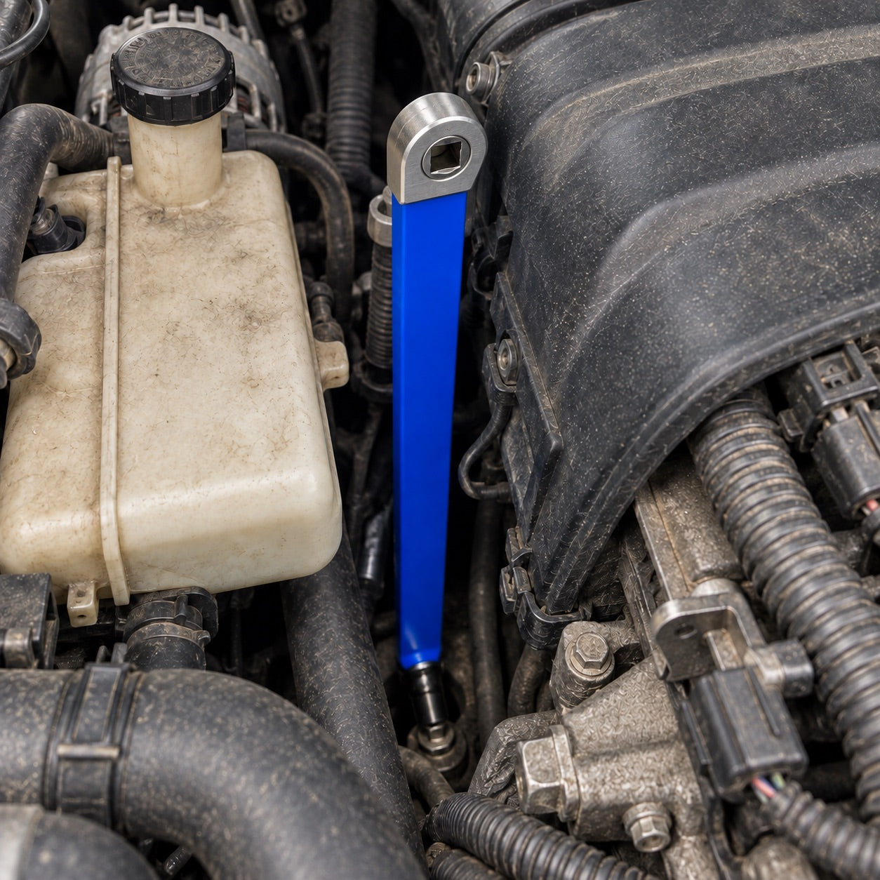 Offset bar descending deeply between engine components, with its socket at the bottom of a narrow gap and input connection above; no hands.