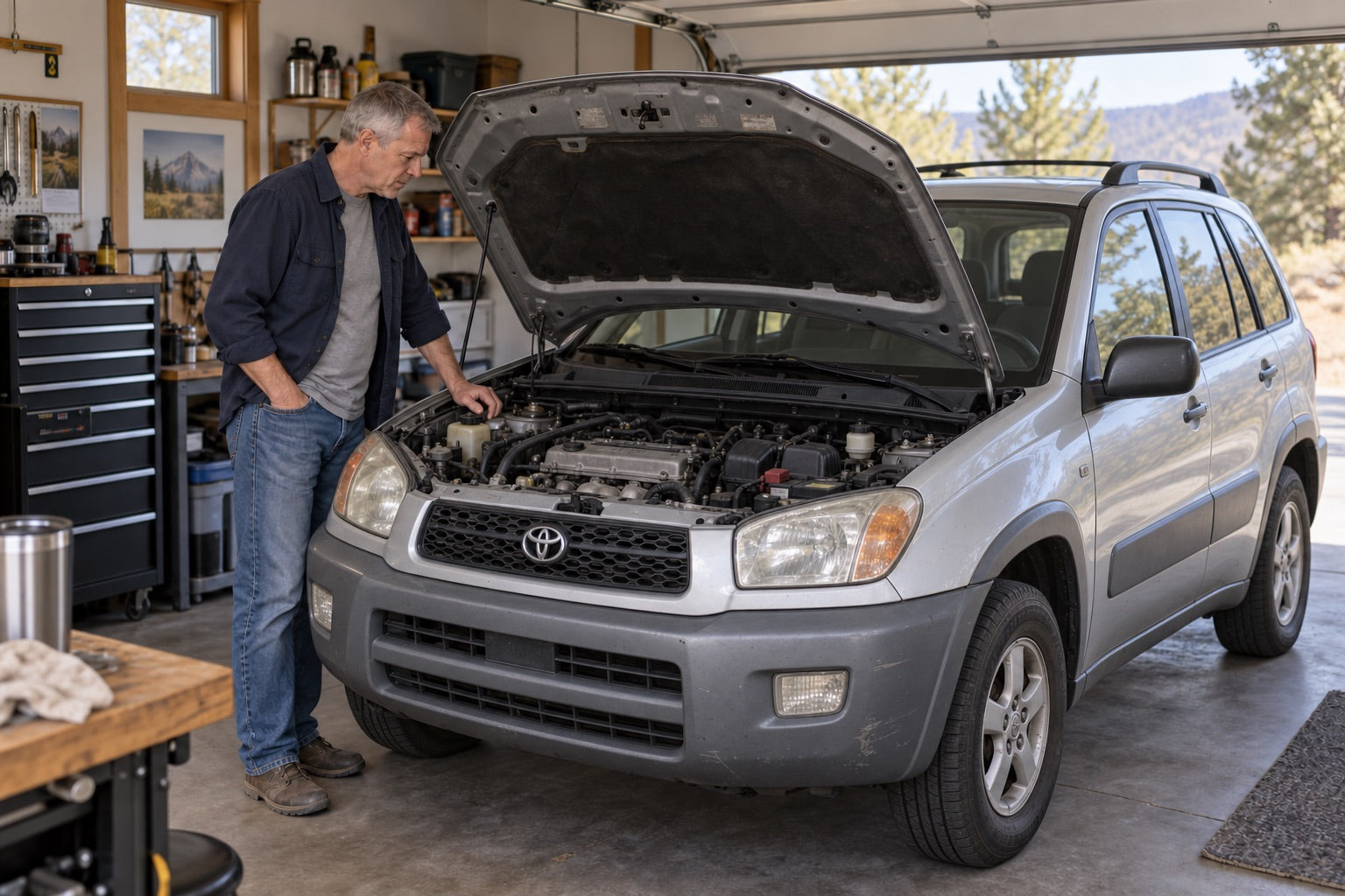 An owner beside a well-maintained early-2000s silver Toyota with its hood raised in a home garage.